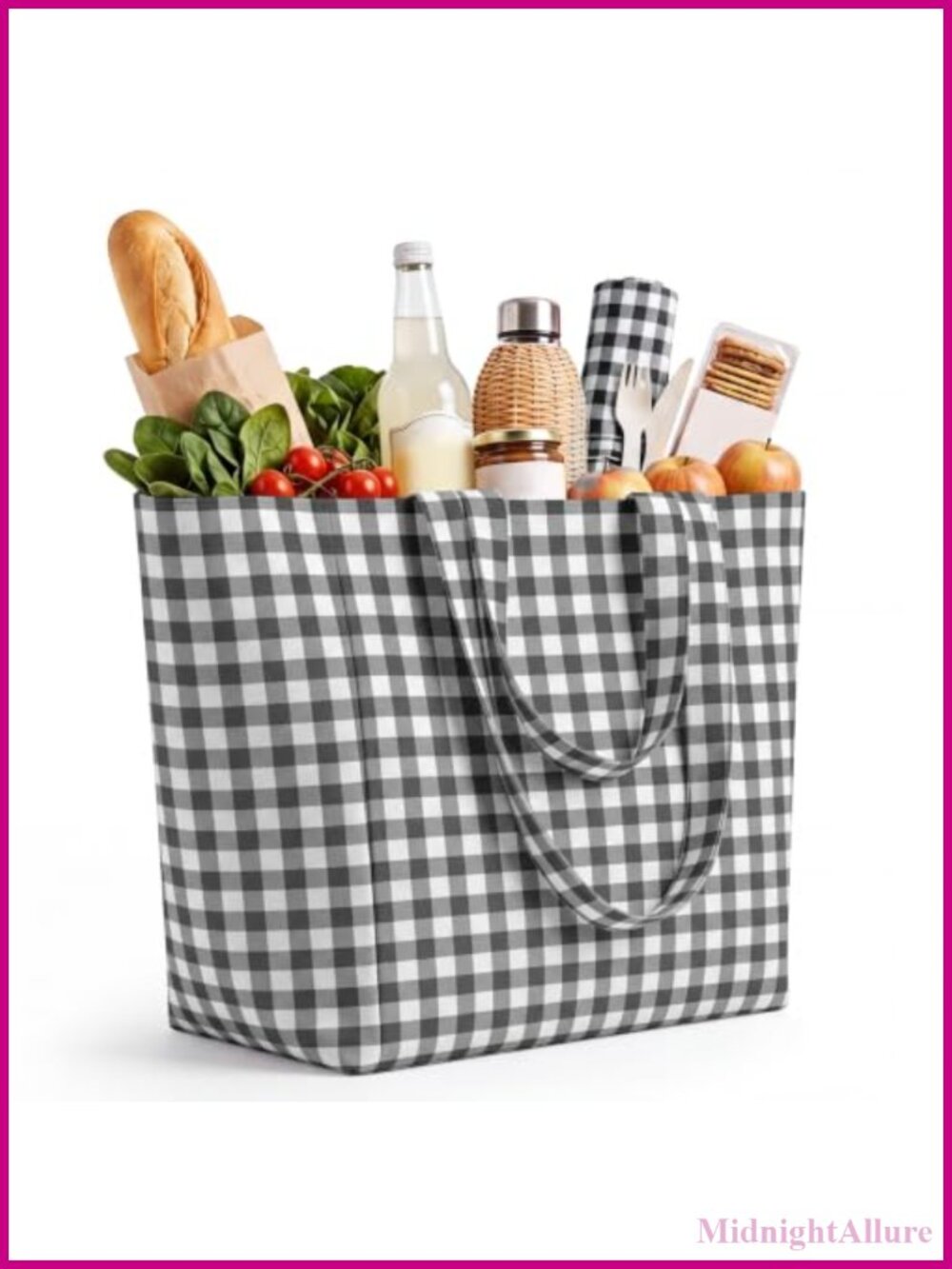 Gingham Canvas Tote Bag Foldable Reusable Shopping Shoulder